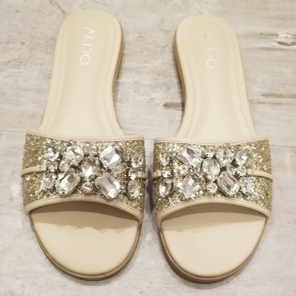 💕ALDO💕 Brodkin Jewel Slide Slipper Sandal Flats Silver 8 NEW IN BOX - Picture 1 of 8